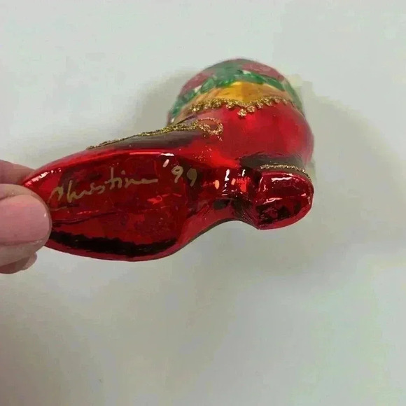 Vintage Christinas World Cowboy Boot Glass Christmas Ornament Red Roses - Picture 3 of 6